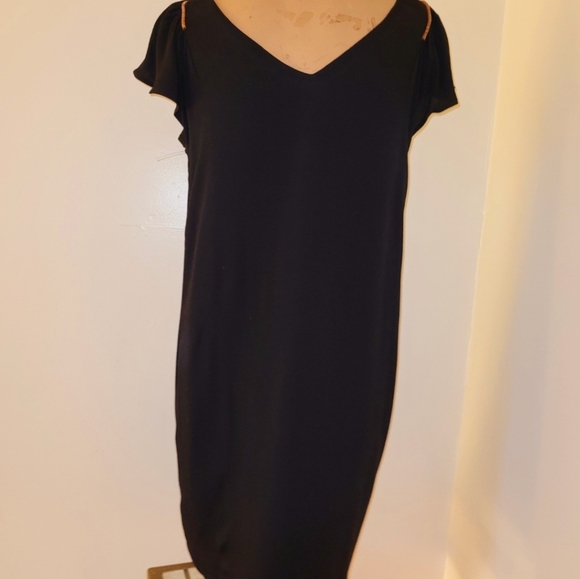 BASIC DRESS SMALL NEW VISCOSE-LINED BLACK CRAPE DRESS WITH ROSE DETAIL - Picture 3 of 14